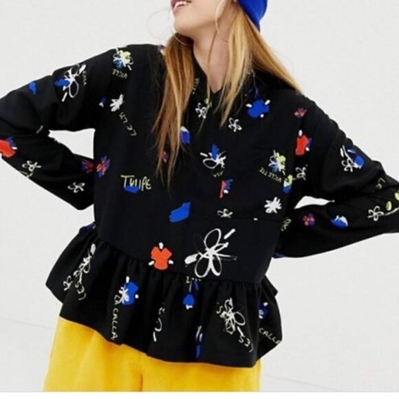 Collusion Black Graffiti Peplum Zip Popover Top - Picture 7 of 10